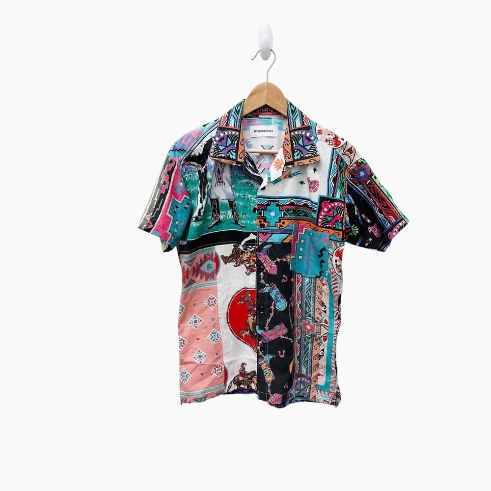 MIYAGIHIDETAKA Western Cowboy‎ Print Short Sleeve Shirt Colorful Patchwork